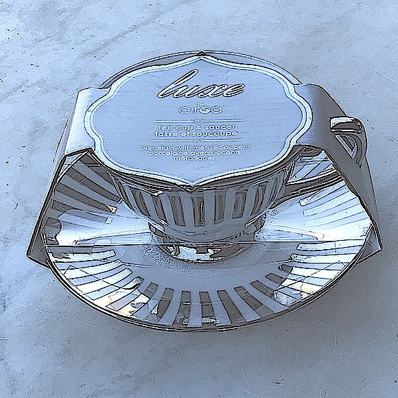 CIROA LUXE TEA CUP & SAUCER SILVER METALLIC STRIPES SET FOOTED PORCELAIN - Picture 3 of 8